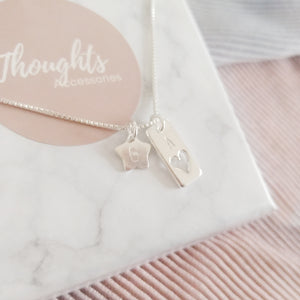 Personalised Hand Stamped Hallowed Heart Tag Pendant Necklace with Personalised Star or Heart Charm - Thoughts Accessories